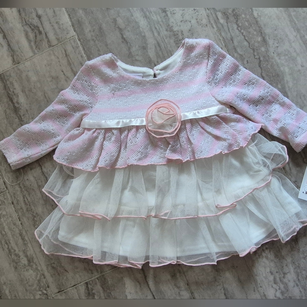 Bonnie Baby Pink and White Knit Tulle Ruffle Dress with Rosette